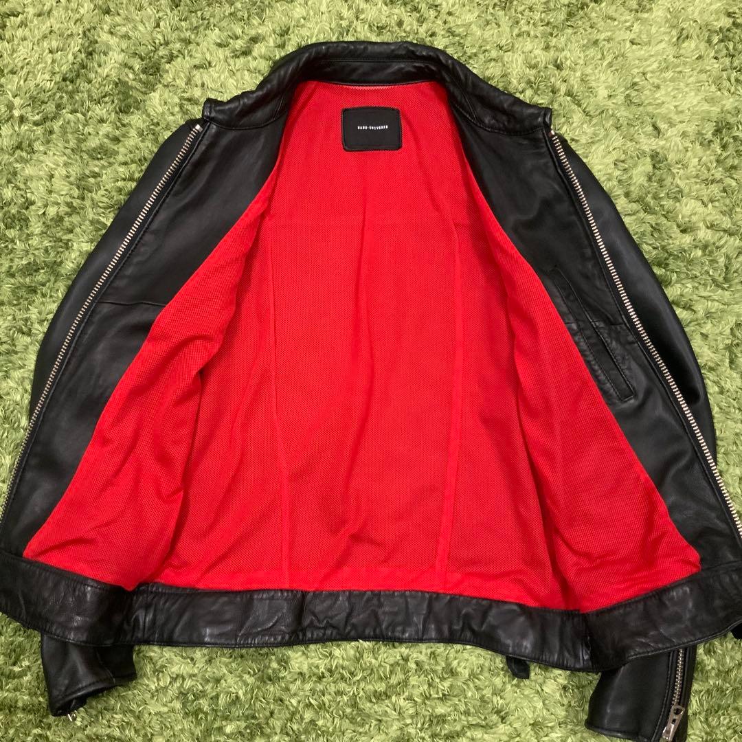 美品 ラムレザー ナノユニバース 裏地赤メッシュ ビッグジッパー メンズS