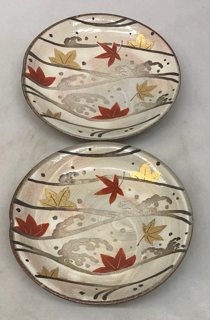 B409b 「乾山写 紅葉に流れ銘々皿」5枚　京焼　金彩銀彩　作者不詳　和菓子