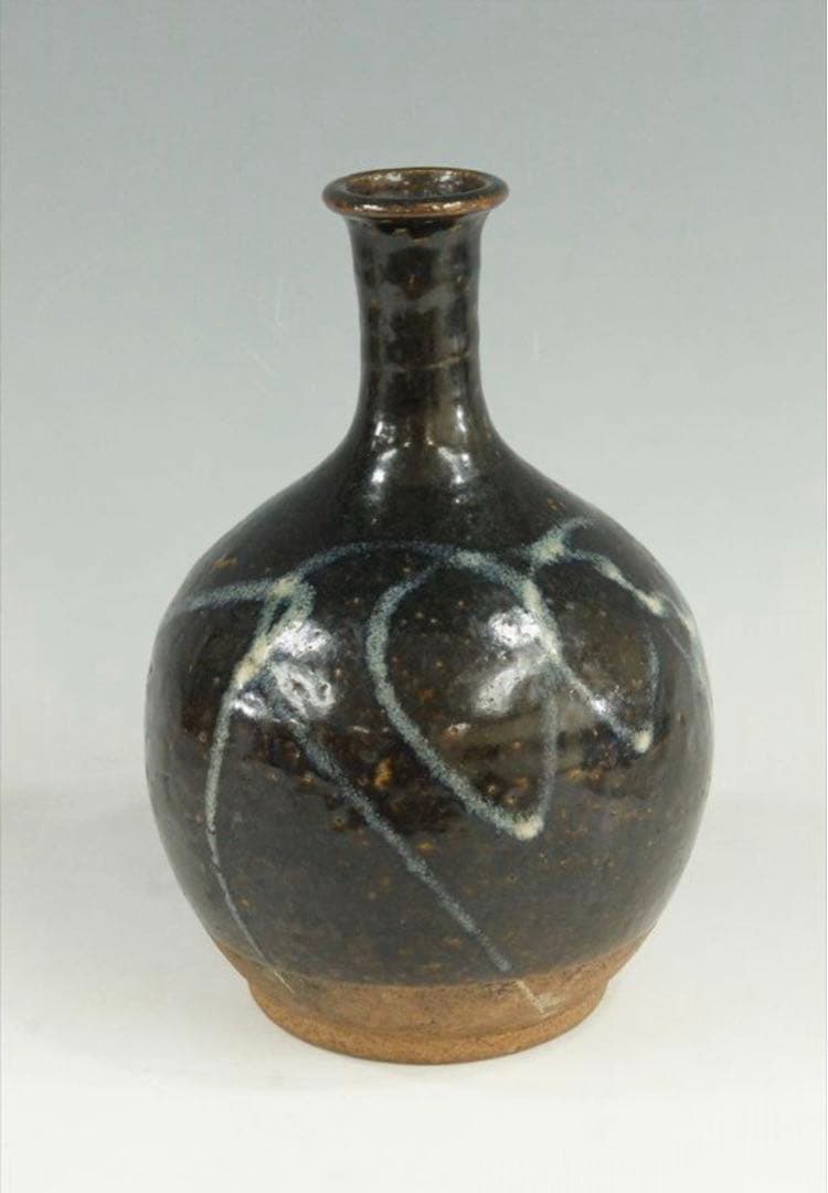 花器 古唐津 武雄系 素麺手 黒釉 茶道具 懐石 茶道 徳利 花入 骨董 古美術