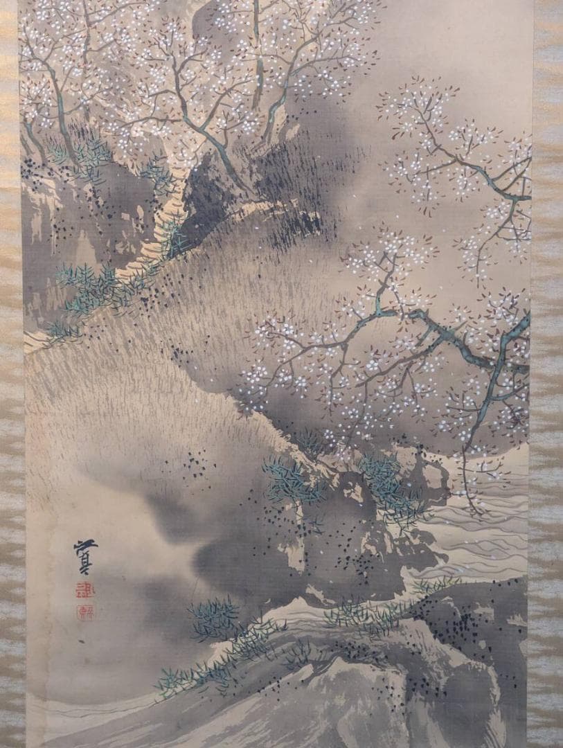 【真作】掛軸　福井江亭　春景山水図　花咲く山間の幽境　共箱入　S167