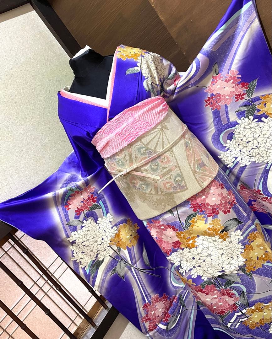 振袖フルセット6点サイズM〜Ｌ相良刺繍　振袖　流水花文　暈し染め　金彩　正絹