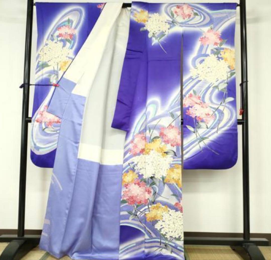 振袖フルセット6点サイズM〜Ｌ相良刺繍　振袖　流水花文　暈し染め　金彩　正絹