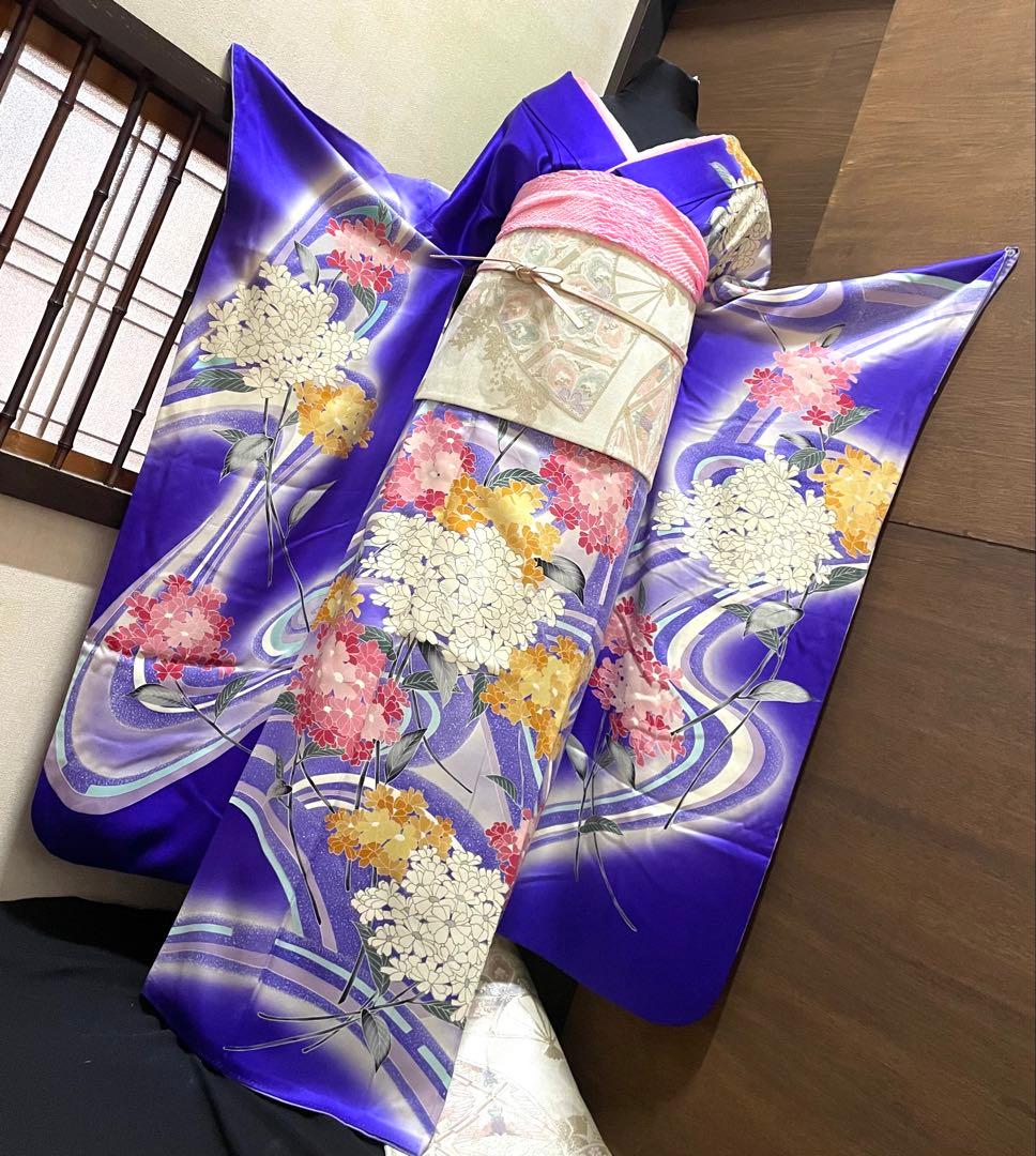 振袖フルセット6点サイズM〜Ｌ相良刺繍　振袖　流水花文　暈し染め　金彩　正絹