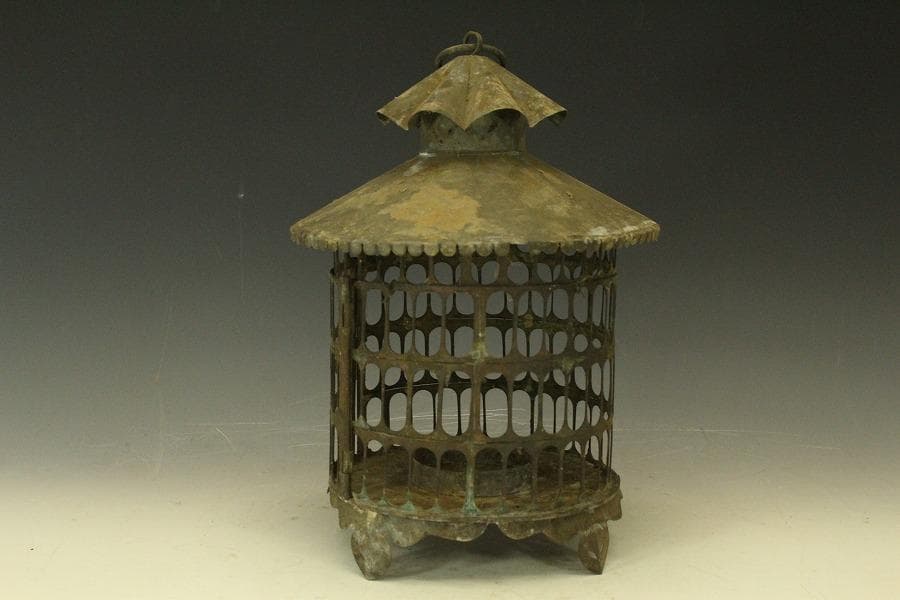 吊り灯籠 高32cm 時代 庭道具 鉄製(LC622)