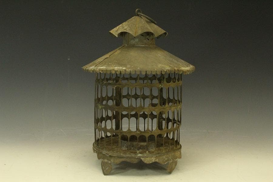 吊り灯籠 高32cm 時代 庭道具 鉄製(LC622)