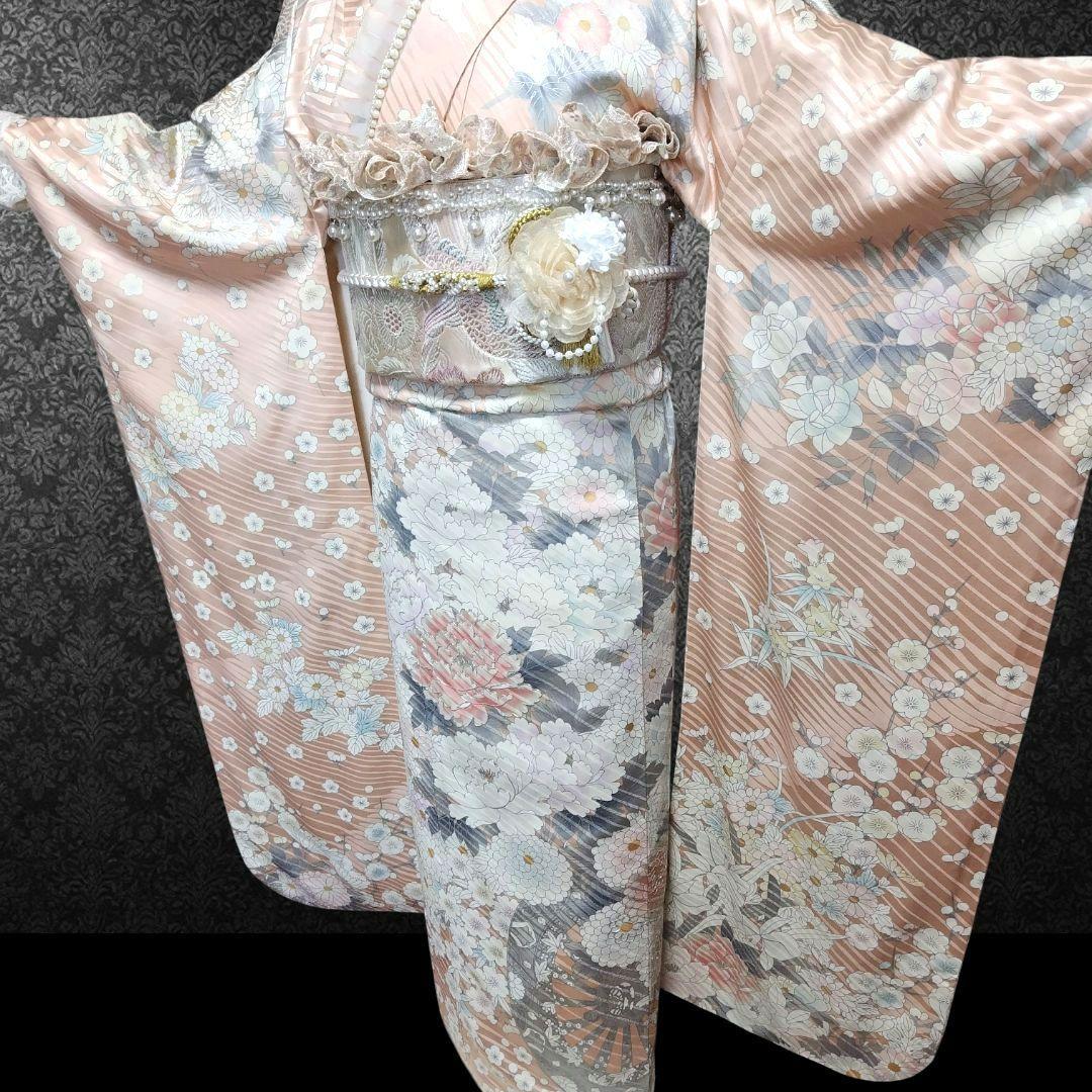 振袖フルセット(9点)・成人式・古典柄・銀駒刺繍・大輪牡丹・くすみカラー・花模様