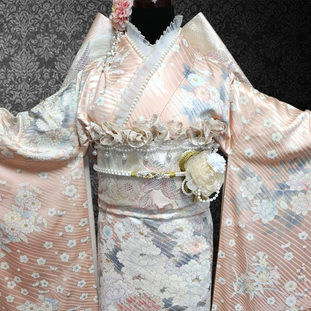 振袖フルセット(9点)・成人式・古典柄・銀駒刺繍・大輪牡丹・くすみカラー・花模様