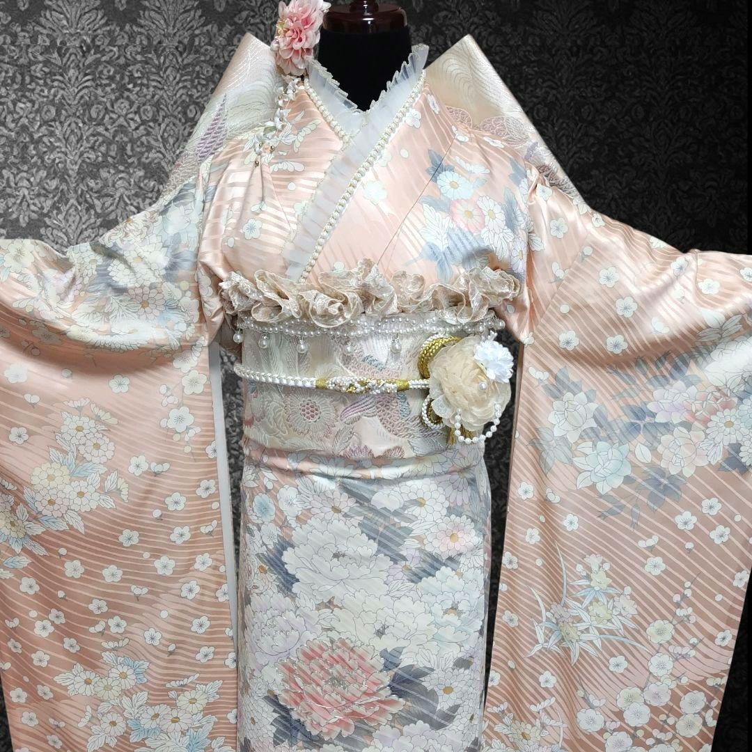 振袖フルセット(9点)・成人式・古典柄・銀駒刺繍・大輪牡丹・くすみカラー・花模様