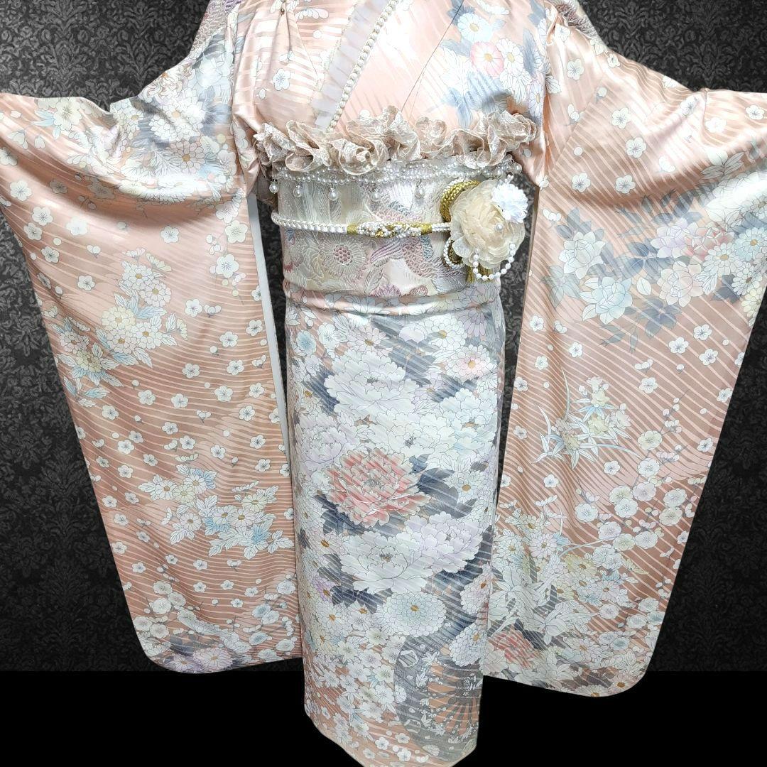 振袖フルセット(9点)・成人式・古典柄・銀駒刺繍・大輪牡丹・くすみカラー・花模様
