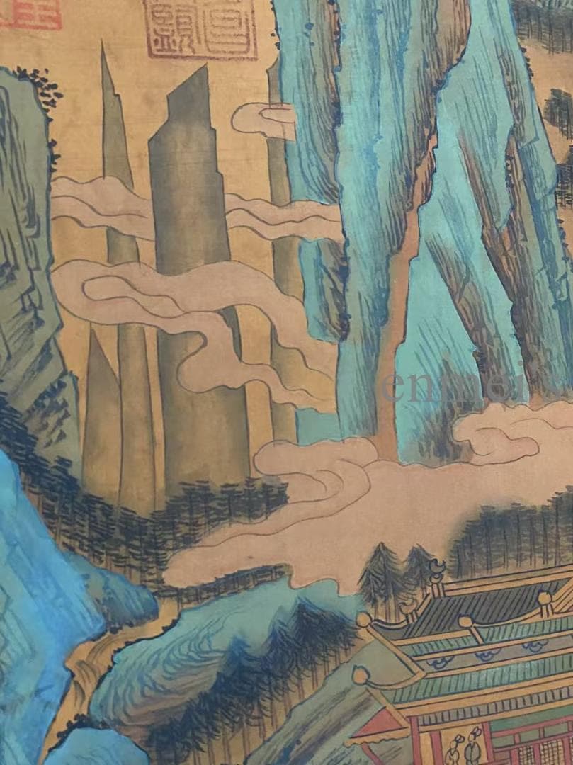 中国古美術 唐代李思訓款 山水図 掛軸 絹布 肉筆 唐物 書道 古画 收藏逸品