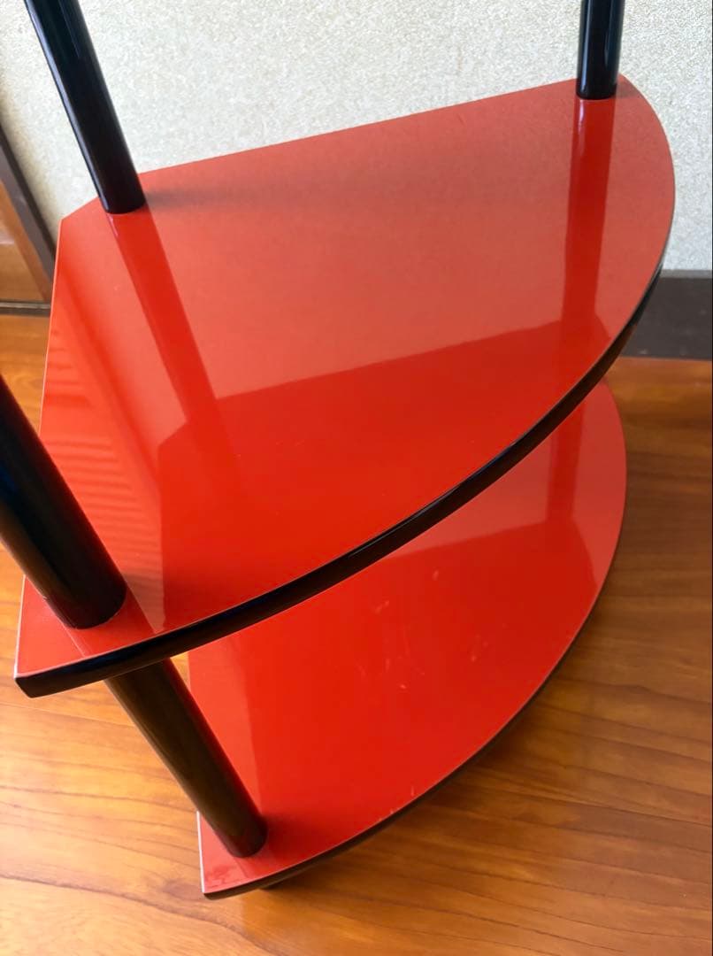 和テイスト 工芸品 木製 コーナー型 3段シェルフ コーナーラック 赤