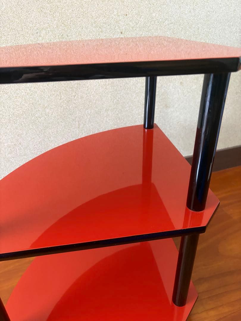 和テイスト 工芸品 木製 コーナー型 3段シェルフ コーナーラック 赤