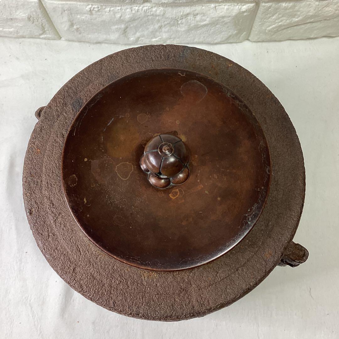 S　竹地文　釜師　呂尚　鉄製 筒釜 竹模様　銅蓋　茶釜　16ｃｍ　高さ20ｃｍ