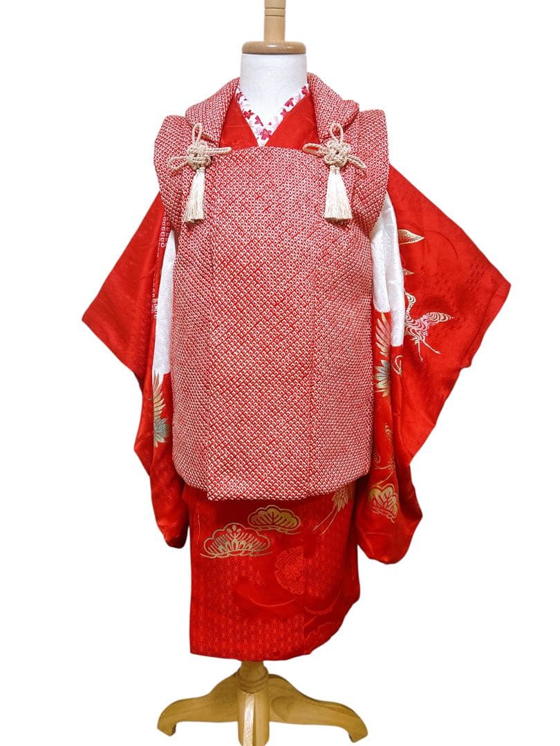 人気の総絞り被布♡七五三　3歳　女の子　フルセット　一式　赤系　鶴　正絹