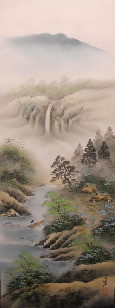 掛け軸 玉芳 彩色山水 絹本 希少 軸装 茶道具 掛軸 美品 です。