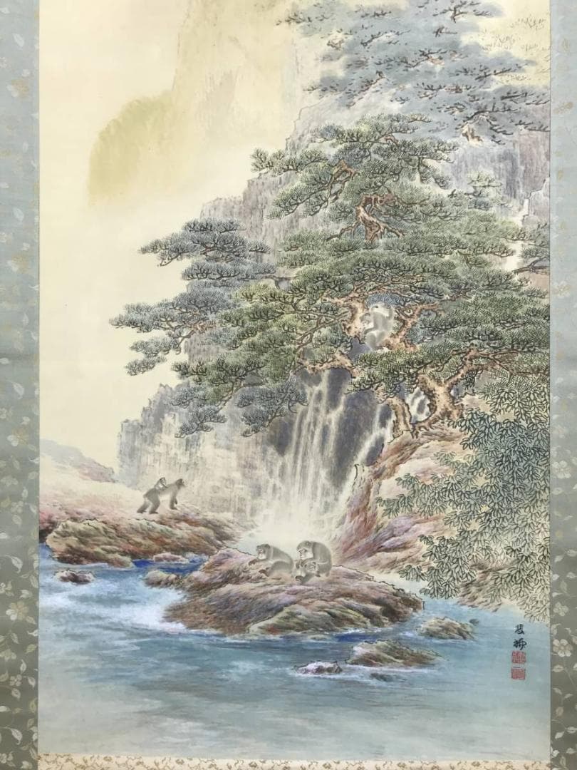 真作/吉村鳳柳/渓流遊猿之図/山水図/猿図/花鳥図/掛軸/名家伝来/AE-261