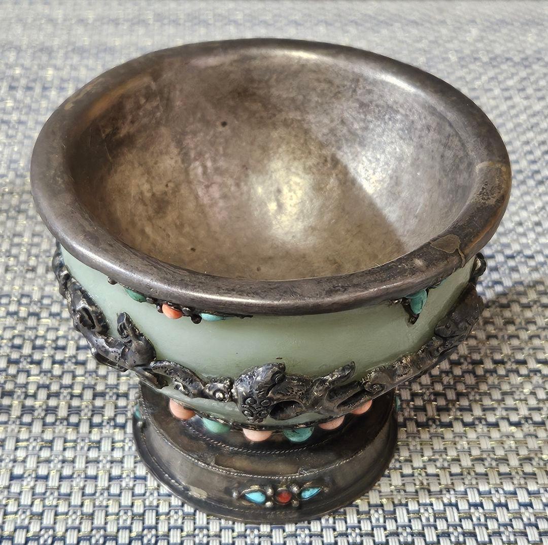 時代古作品❗中国古美術　大陸古美術　チベット古美術　銀彩龍飾り玉飾　酒杯　香炉