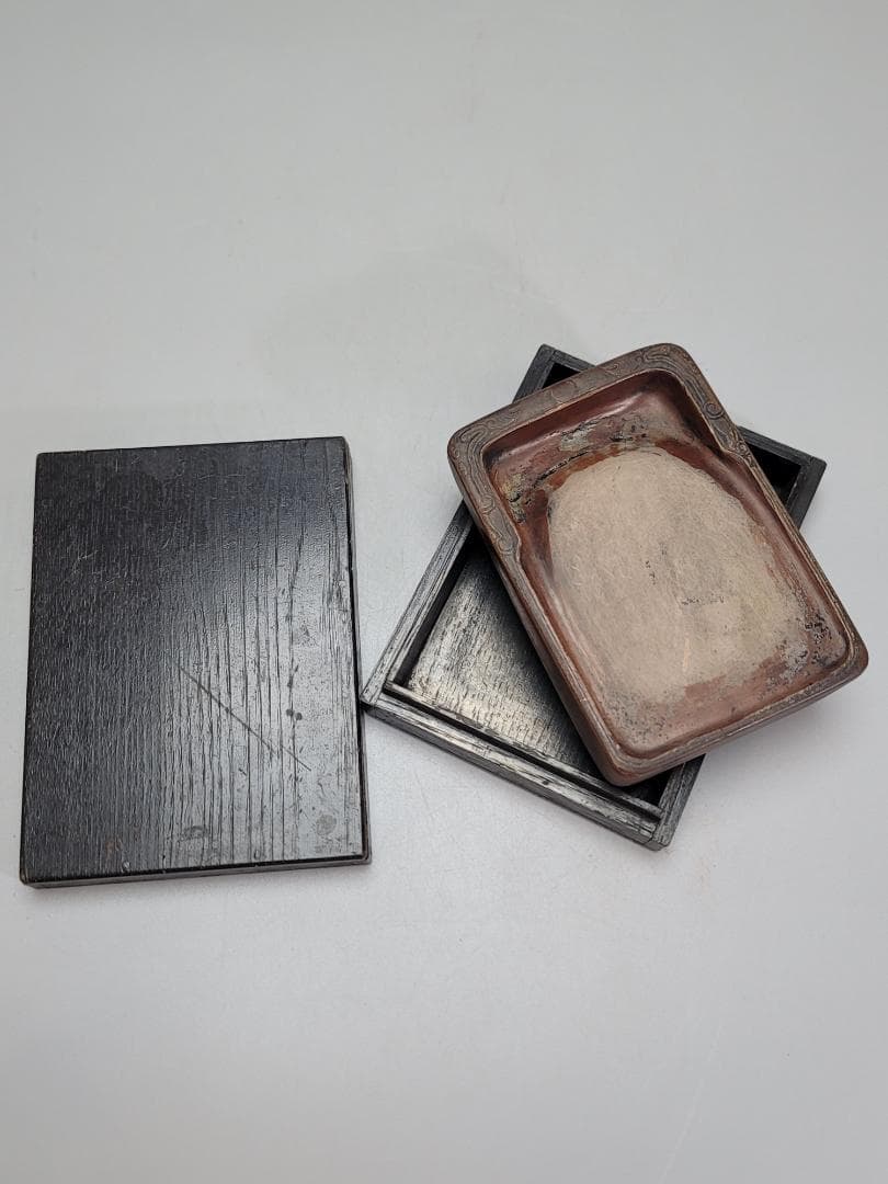 中国美術　書道具 紅澄泥双龍 文長方陶硯