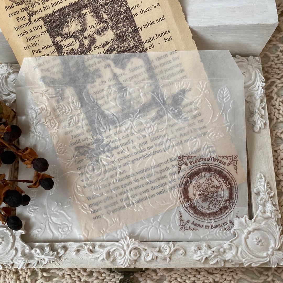 グラシン封筒〜ローズ＆ローズ〜アンティークスタンプ♡エンボス加工♡コーヒー染め