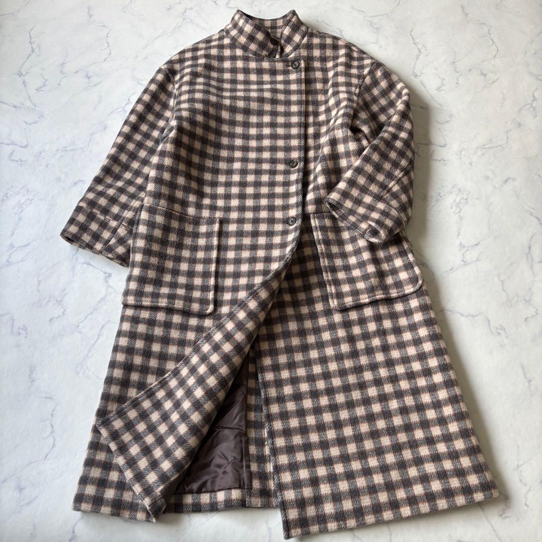 SLOBE IENA チェックスタンドコート　ロングコート　ウール◆6724