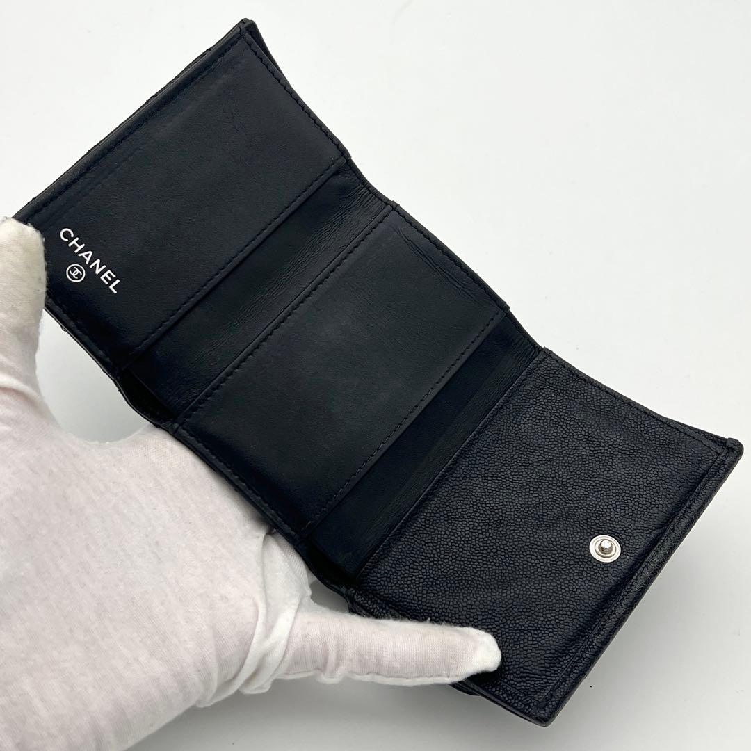 【極美品】シャネル ボーイシャネル 三つ折り財布 キャビアスキン ブラック 黒