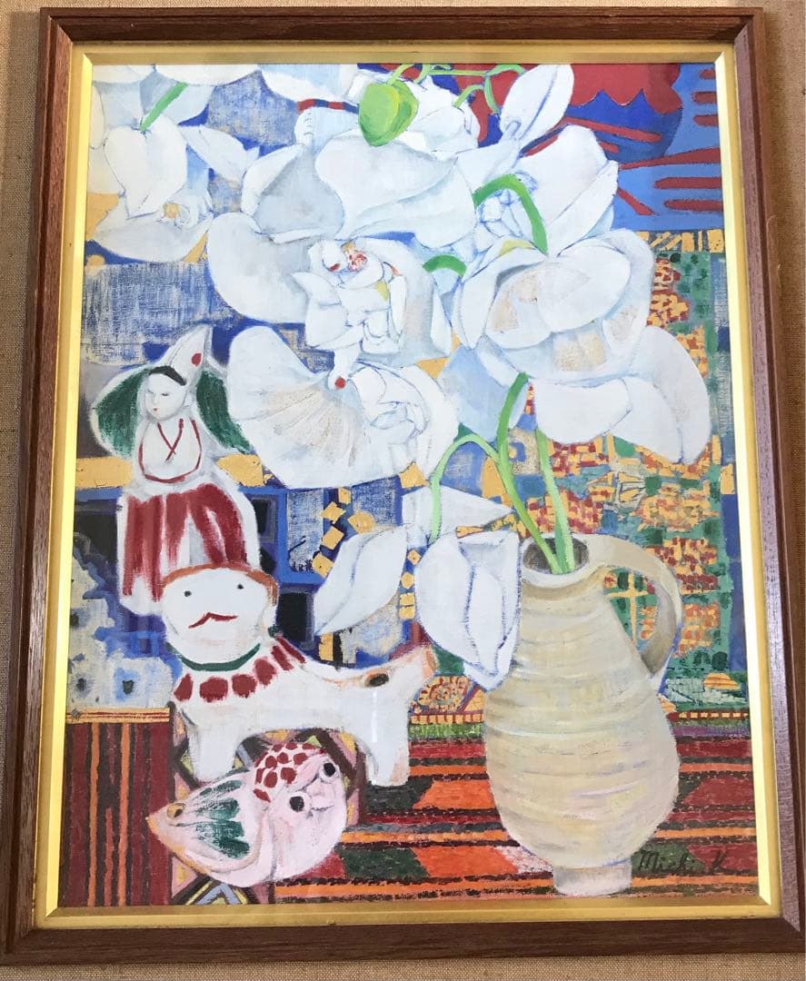 上河辺みち 油彩 「胡蝶蘭」額装 共シール 絵本挿絵画家 1974年 油絵 D