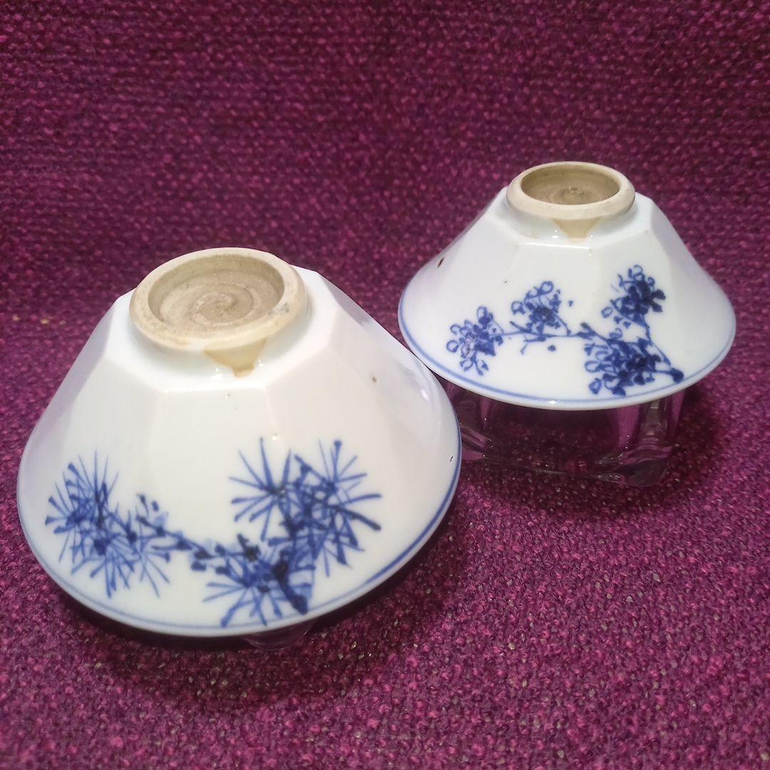 古い盃 2客 染付 左平製 酒器 小付皿 骨董 付属品なし