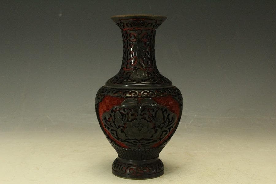 中国美術 堆朱堆黒 纏枝蓮花紋 瓶 高16.5cm(LC788)