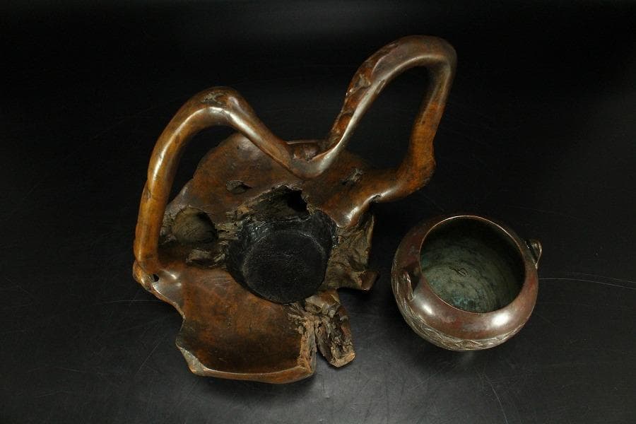 茶道具 奇木 手付 煙草盆 古銅火入 香炉 珍品(K-YC391)