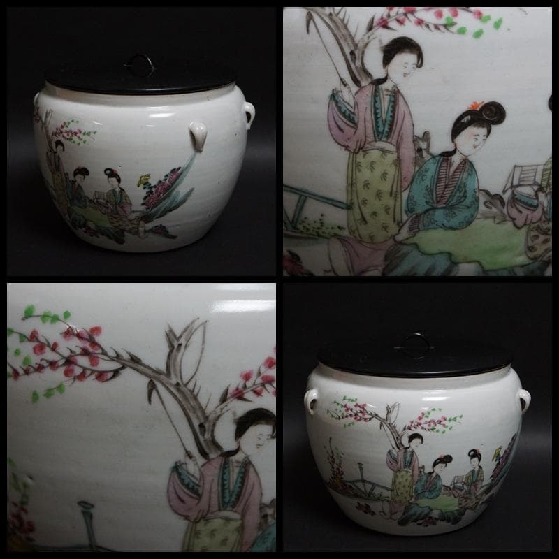 民国期 粉彩色絵『美人漢詩文』飾壺 水指 木製漆蓋付★時代物★茶事/茶道具