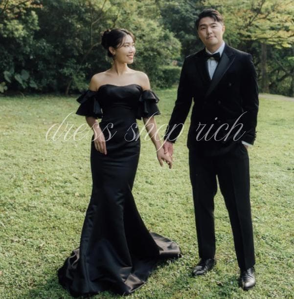 ブラックドレス　L サテン　オフショルダー　マーメイド