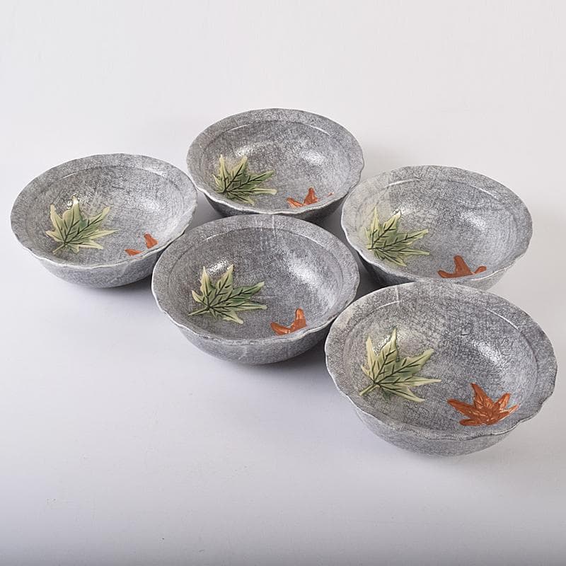 北大路魯山人作　布目紅葉小鉢　五客　共布　黒田陶々庵極め箱　F　R8458B