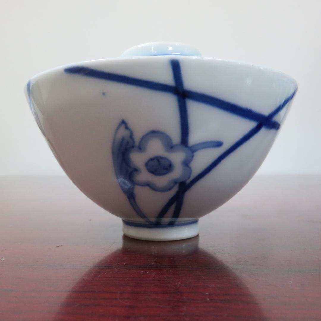 蓋物 染付 草花文様 5客 角倉 明治 窯傷 シンプル 繊細