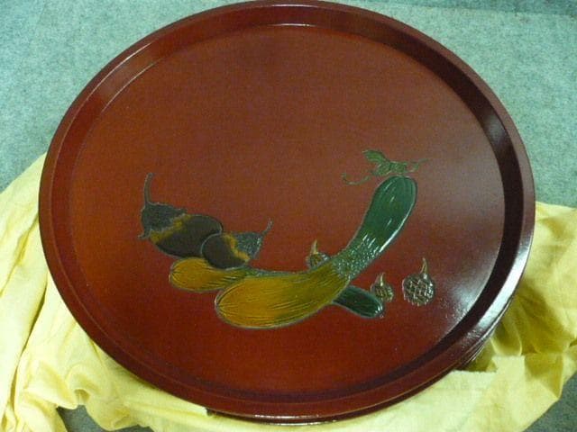 朱塗 彫刻 絵変り 丸盆 5枚 [B31315]