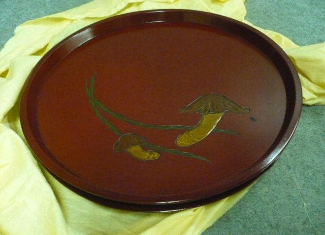 朱塗 彫刻 絵変り 丸盆 5枚 [B31315]