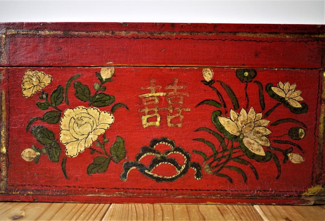 赤塗木箱　バニティージュエリーボックス　双喜吉祥図案　祝結婚記念　中国