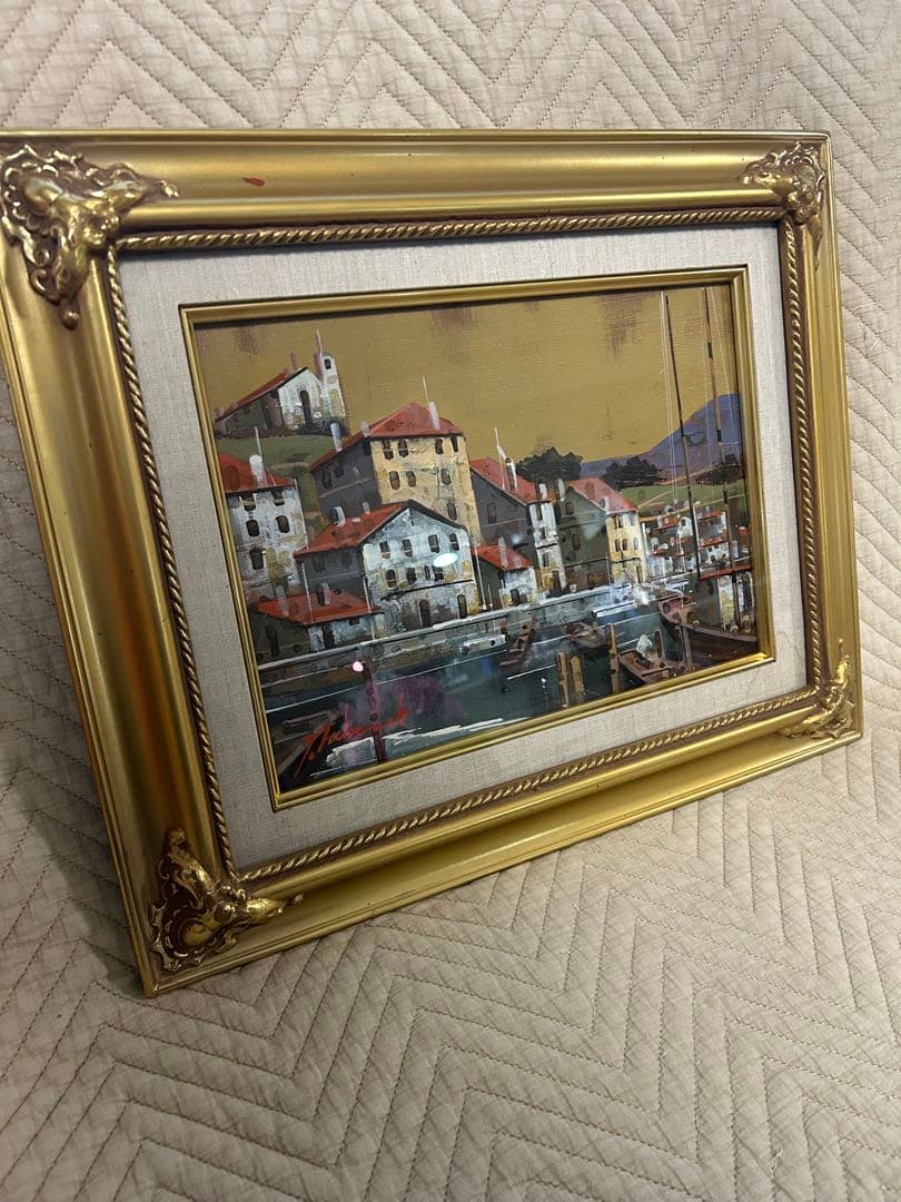 油絵　竹内敏彦　「スペインの港」　F4