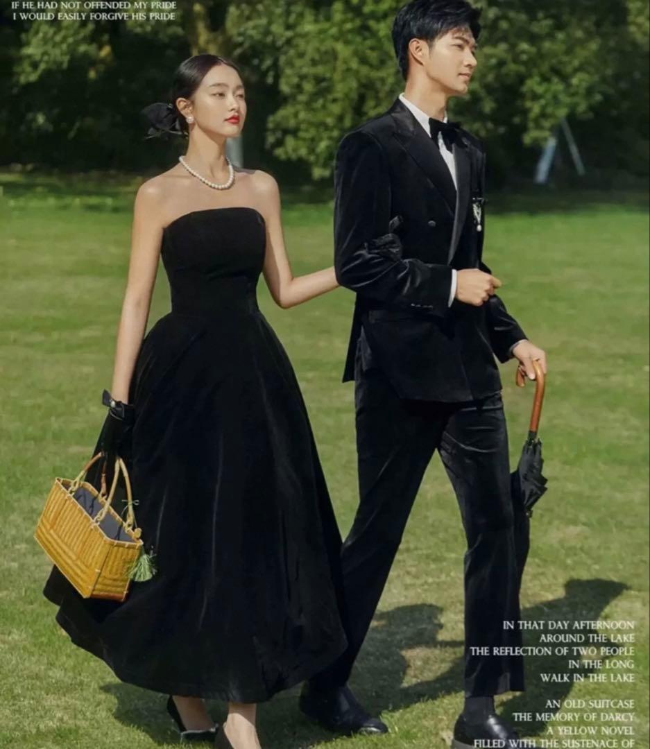 【前撮り・謝恩会】ブラックドレス 黒 ベルベット ベロア キラキラ 美シルエット