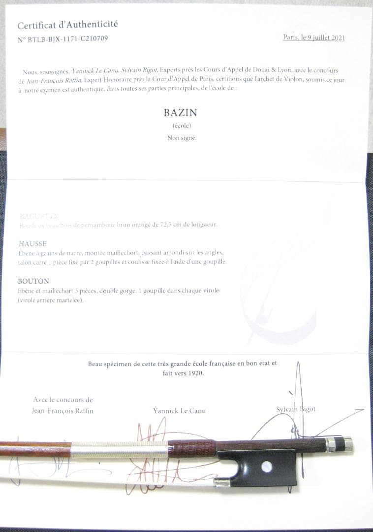 【鑑定書付き】 フランス Bazin バザン ca.1920 バイオリン弓