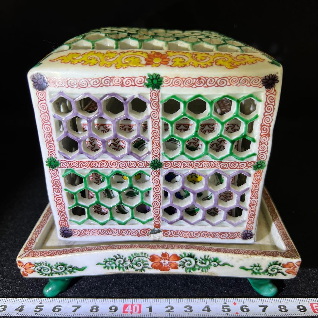 九谷焼虫籠透香炉　木箱付　約14.5×13×14㎝　東Y7-0507⭐︎2Fトコオ