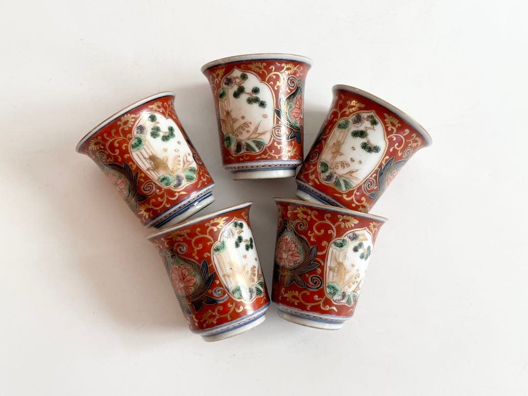 骨董　アンティーク　古伊万里　大聖寺伊万里　色絵　唐草鯉図　筒盃　猪口　五客