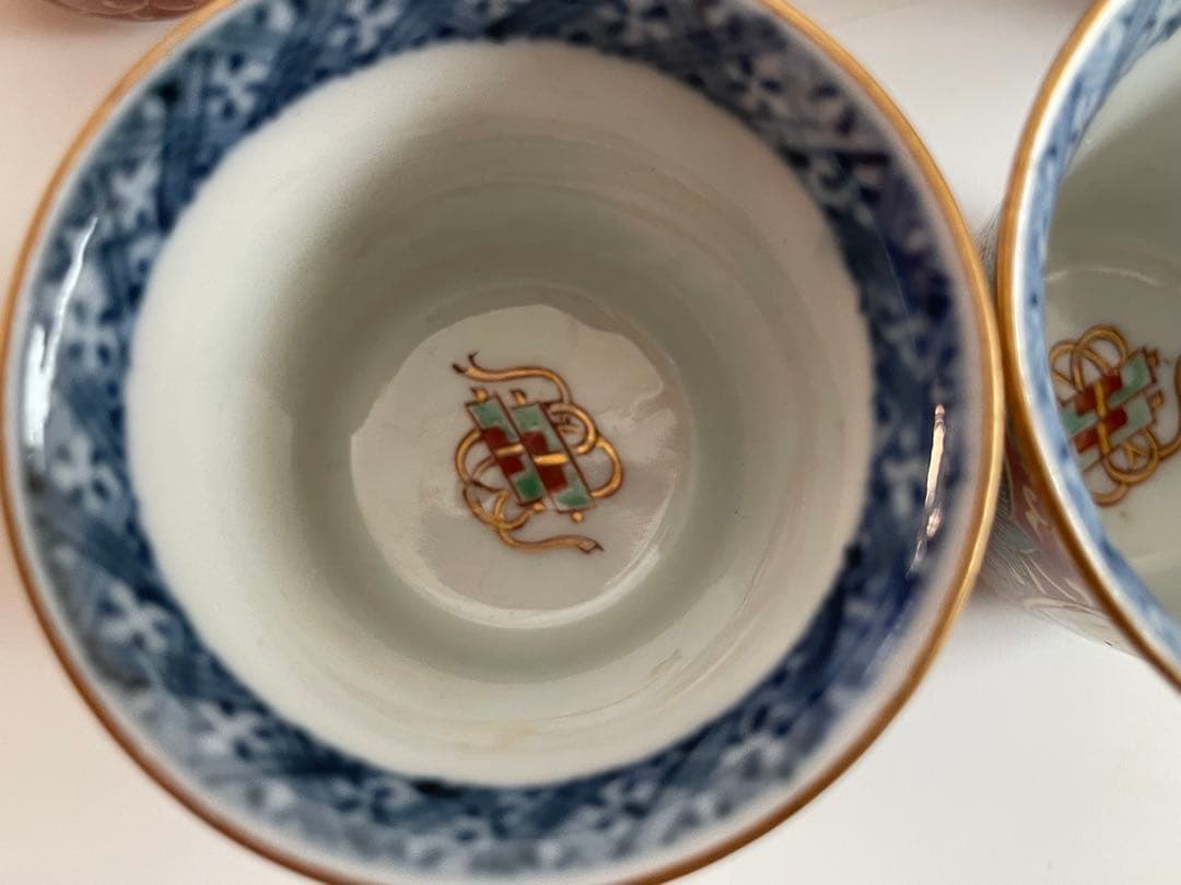 骨董　アンティーク　古伊万里　大聖寺伊万里　色絵　唐草鯉図　筒盃　猪口　五客