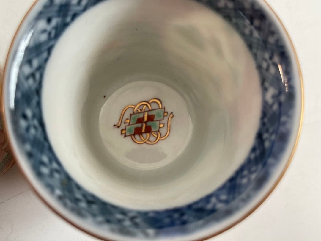 骨董　アンティーク　古伊万里　大聖寺伊万里　色絵　唐草鯉図　筒盃　猪口　五客