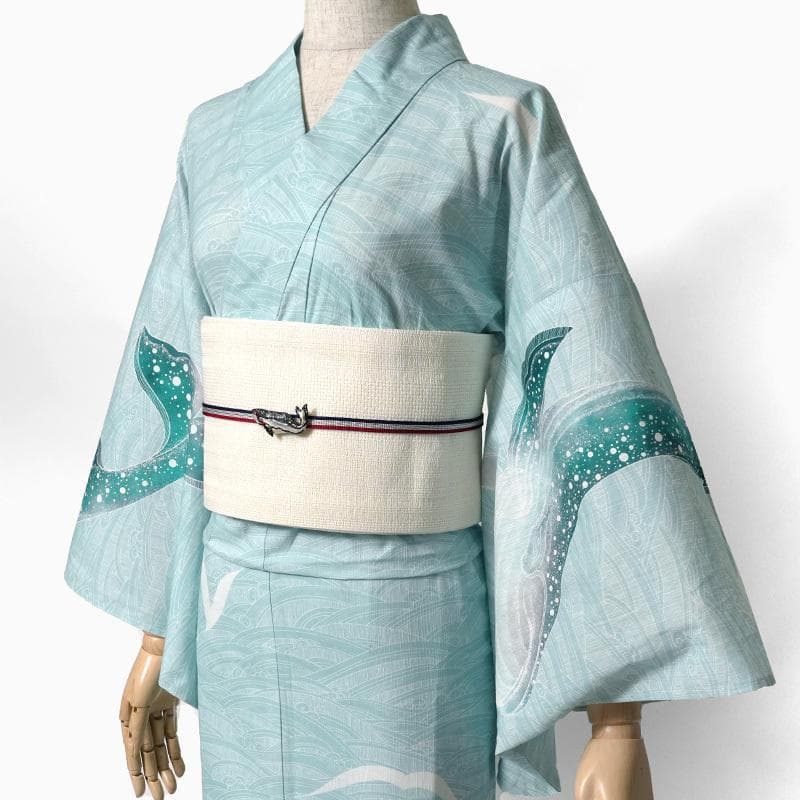 最終品★ミントグリーン地にクジラと波柄★めずらしい絵羽浴衣★夏きもの大人の浴衣