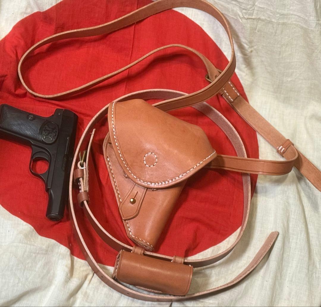 日本軍 ブローニングM1910用ホルスター＋小型拳銃弾薬盒とベルトセット★複製品