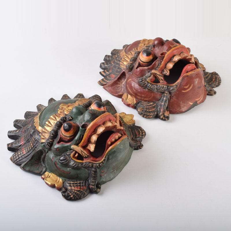 バリ島　インドネシア　木彫彩色　バロン　面　壁飾　一双　V　9089