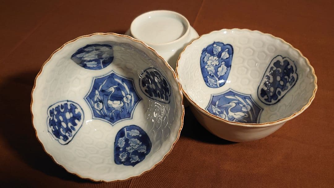 藍九谷　古九谷　染付　亀甲文　陽刻　江戸期　蔵出し　３客
