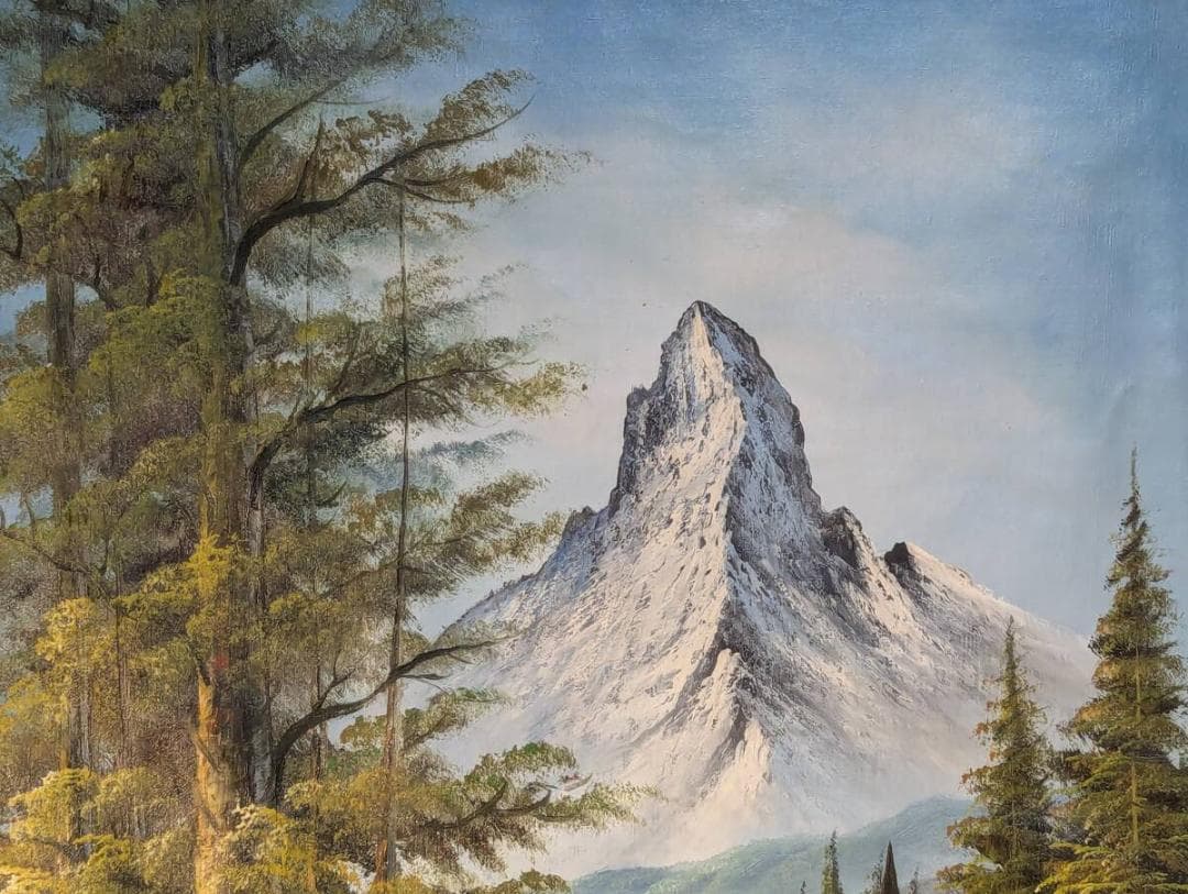 【真作】絵画　油彩　湖畔の教会とアルプス　風景画　洋画風景　W125