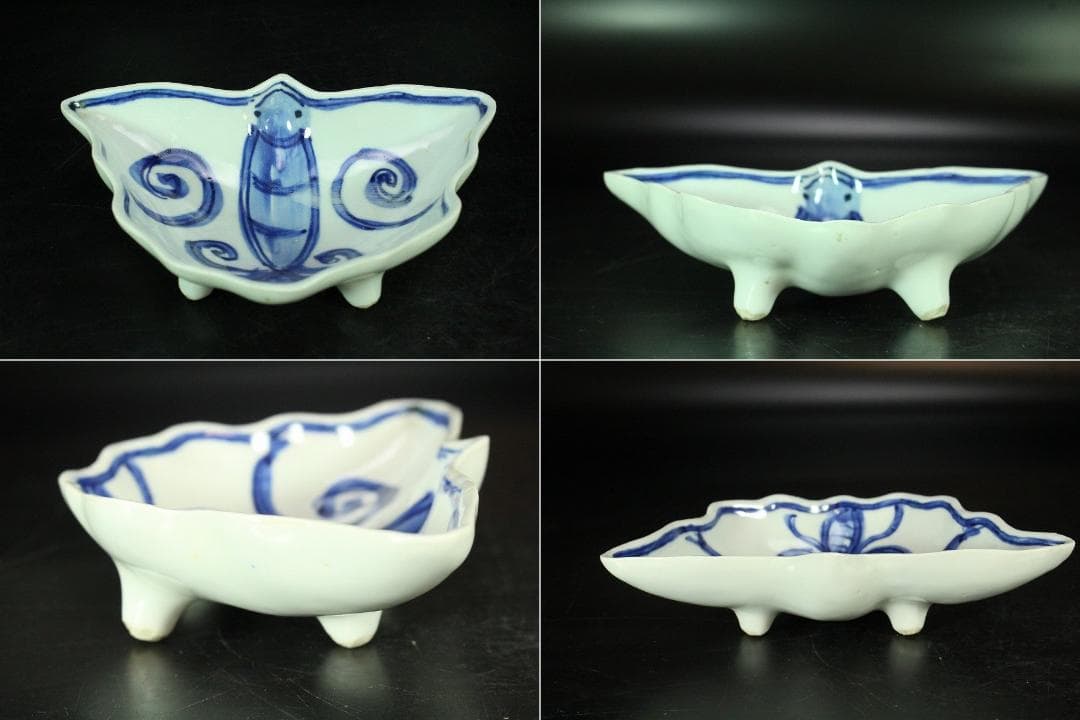 古染付 古 青華 蝶形 器 五客 華中亭道八製 向付 懐石(K-XA833)