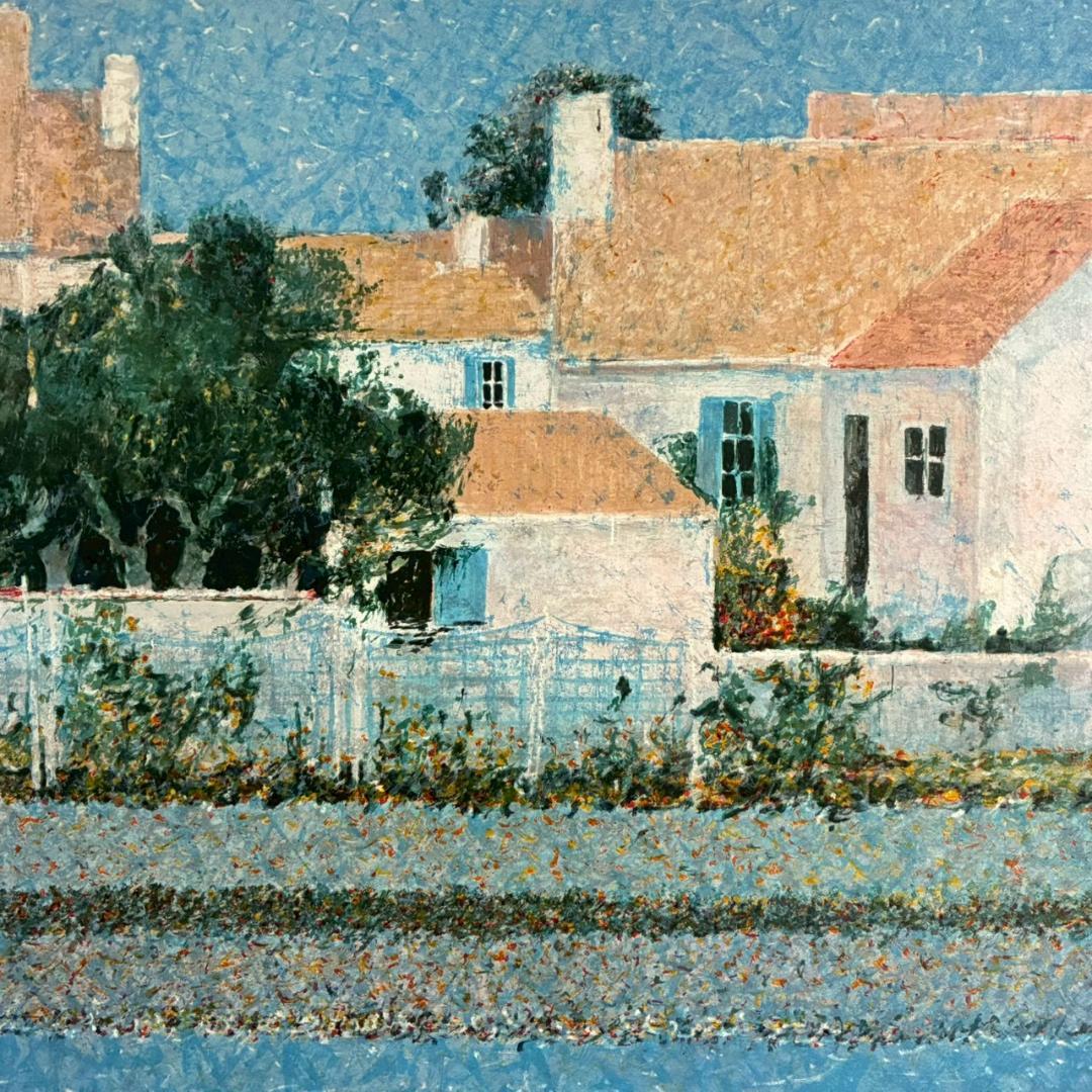 美品 アンドレ・ブーリエ「水辺の家」リトグラフ 直筆サイン入 お洒落な額装 点描